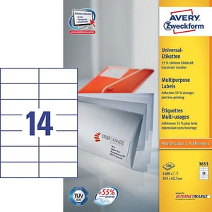 Avery Zweckform 3653 universele etiketten / wit / zelfklevend / 105 mm x 42,3 mm / 1400 etiketten